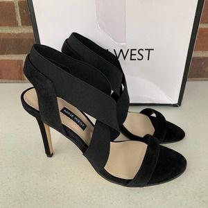 Nine West Maya8 Black Fabric Open Toe X-Strap Heeled Sandals Women's US size 7M